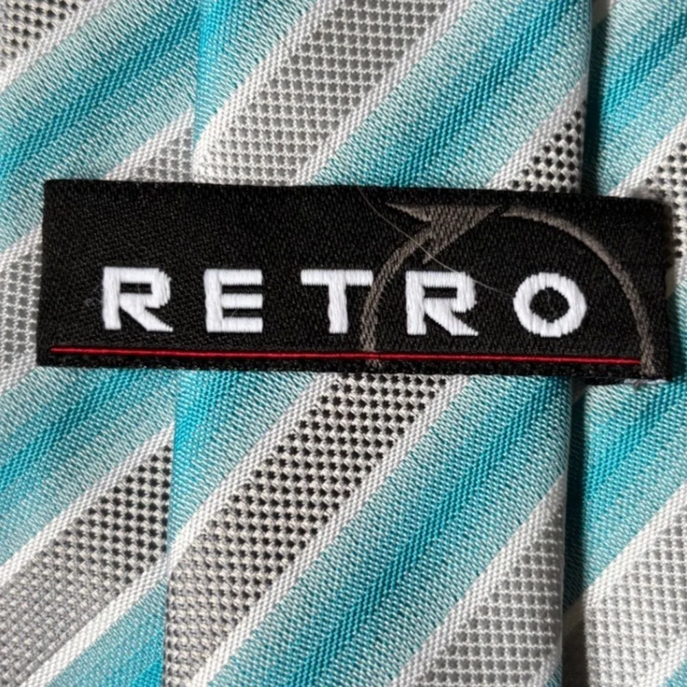 Retro Mens Necktie Turquoise Blue White Grey Striped Hand Made Formal Silk Feel